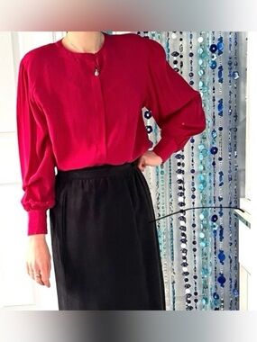 Vintage 70s Ruby Red Draping Silk Blouse | Hidden Placket | Bouffant Sleeves-